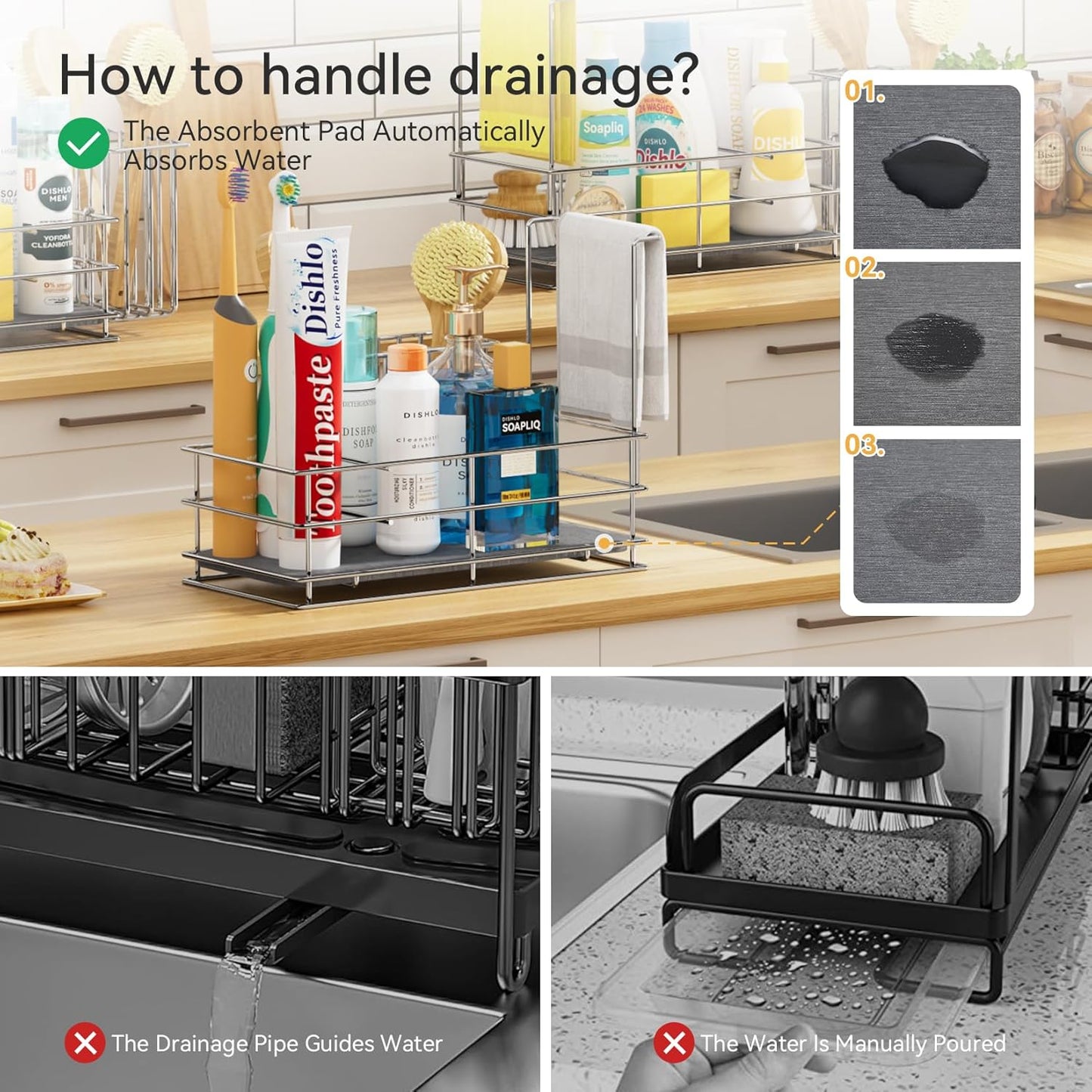 Yofidra Sponge Holder for Kitchen Organizer: Sink Caddy with Instant Drying Stone, Metal Stainless Steel, 9.4" X 4.7" X 7"4 Home Decor Storage and Organization Accessories