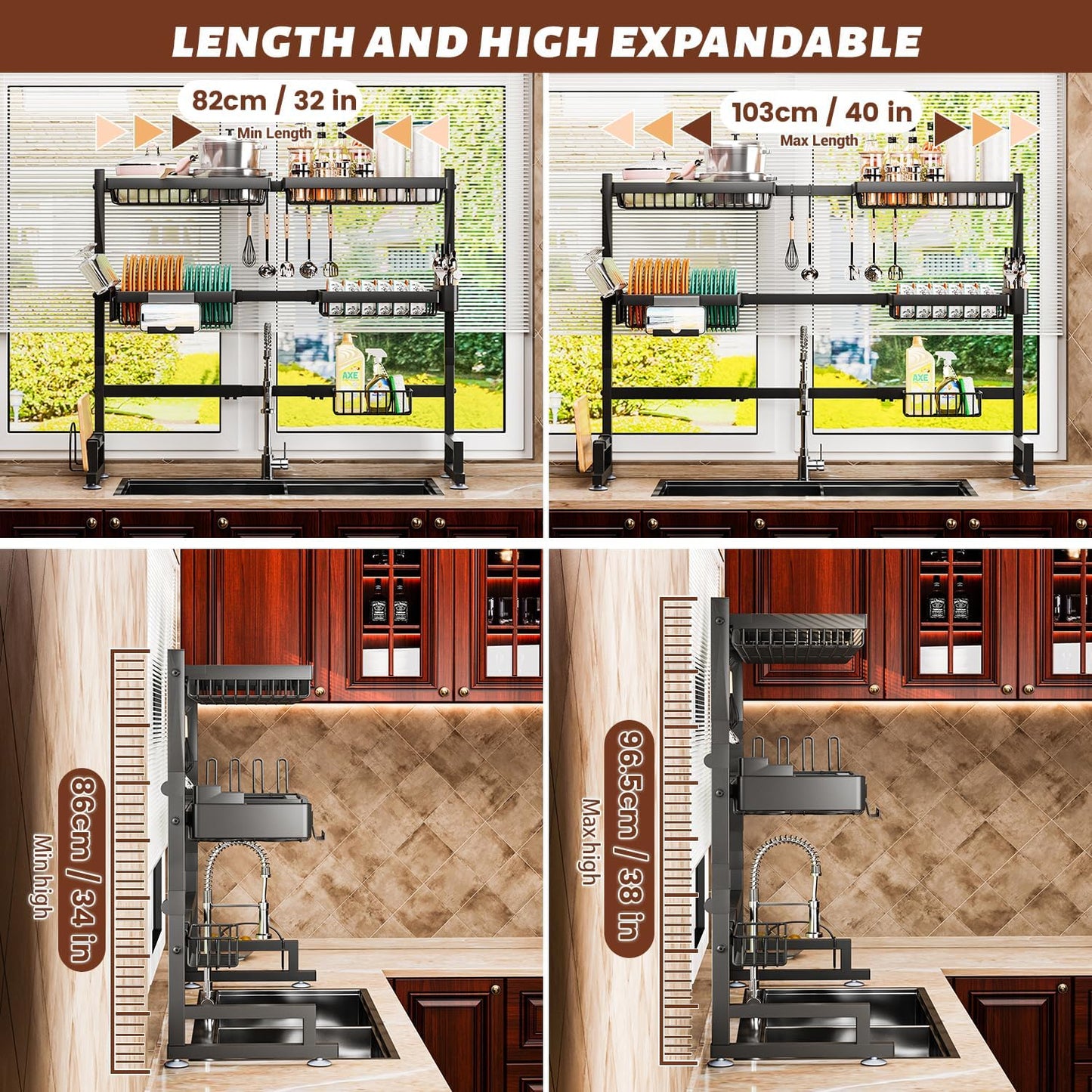 3-Tier Over Sink Dish Draining Rack, Adjustable Width and Height, with Phone Holder, Cup Holder, Knife and Chopstick Holder, Cutting Board Rack, Space-Saving Rack