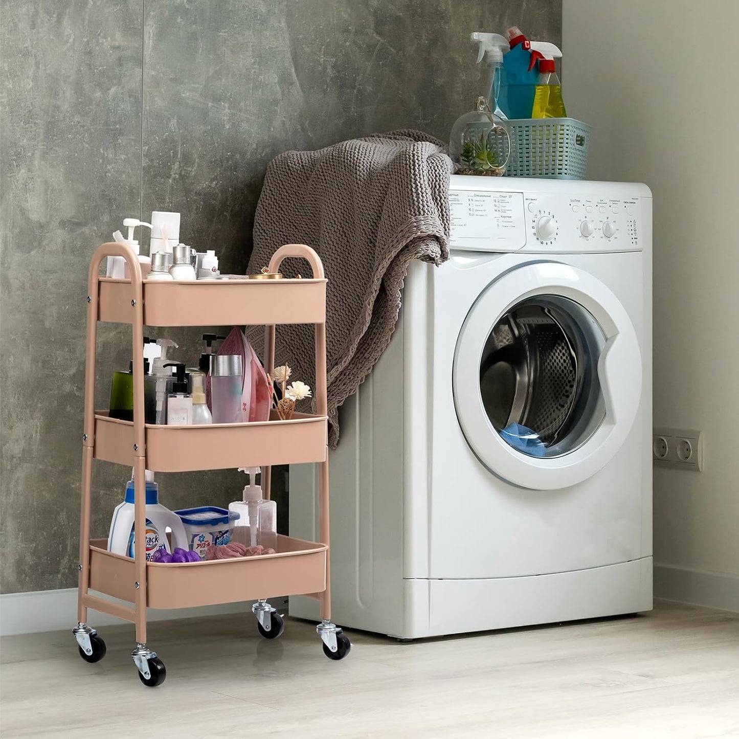 AGTEK Makeup Cart, Movable Rolling Organizer Cart, 3 Tier Metal Utility Cart with Lockable Wheels for Home & Office, Milk Tea