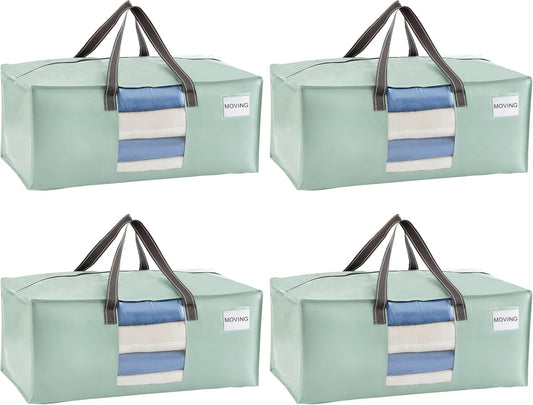 VENO 4 Pack Moving Bags for College, Heavy-Duty Storage Totes, Moving Boxes and Wardrobe Packing Supplies Alternative - Extra Large Durable Laundry Bags for Clothes (Shiny Light Green, 4 Pack)
