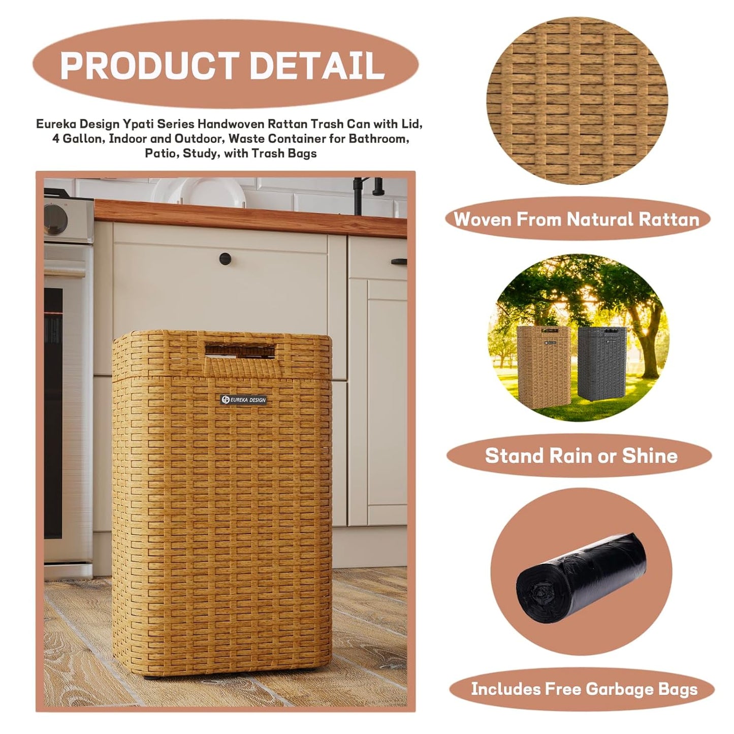 Ypati Handwoven 4 Gallon Rattan Trash Can with Lid, Boho Style Decorative Indoor and Outdoor Trash Bin with Shelf, Waste Basket for Bathroom, Patio, Study, with Trash Bags, Bohemian Yellow, Eureka