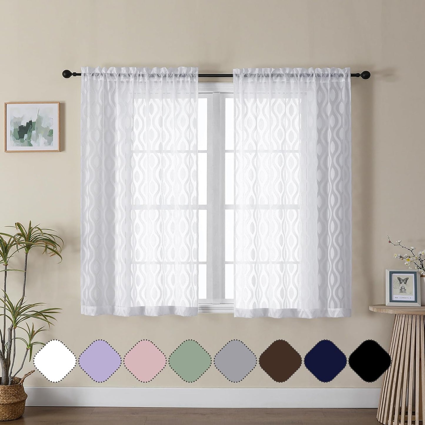 Aiyufeng White Sheer Curtains 45 Inch Length 2 Panels Set, Farmhouse Clip Jacquard Textured Short Curtains, Lightweight Chic Wavy Line Window Curtains Drapes for Bedroom, 40" Wx45 L Inches