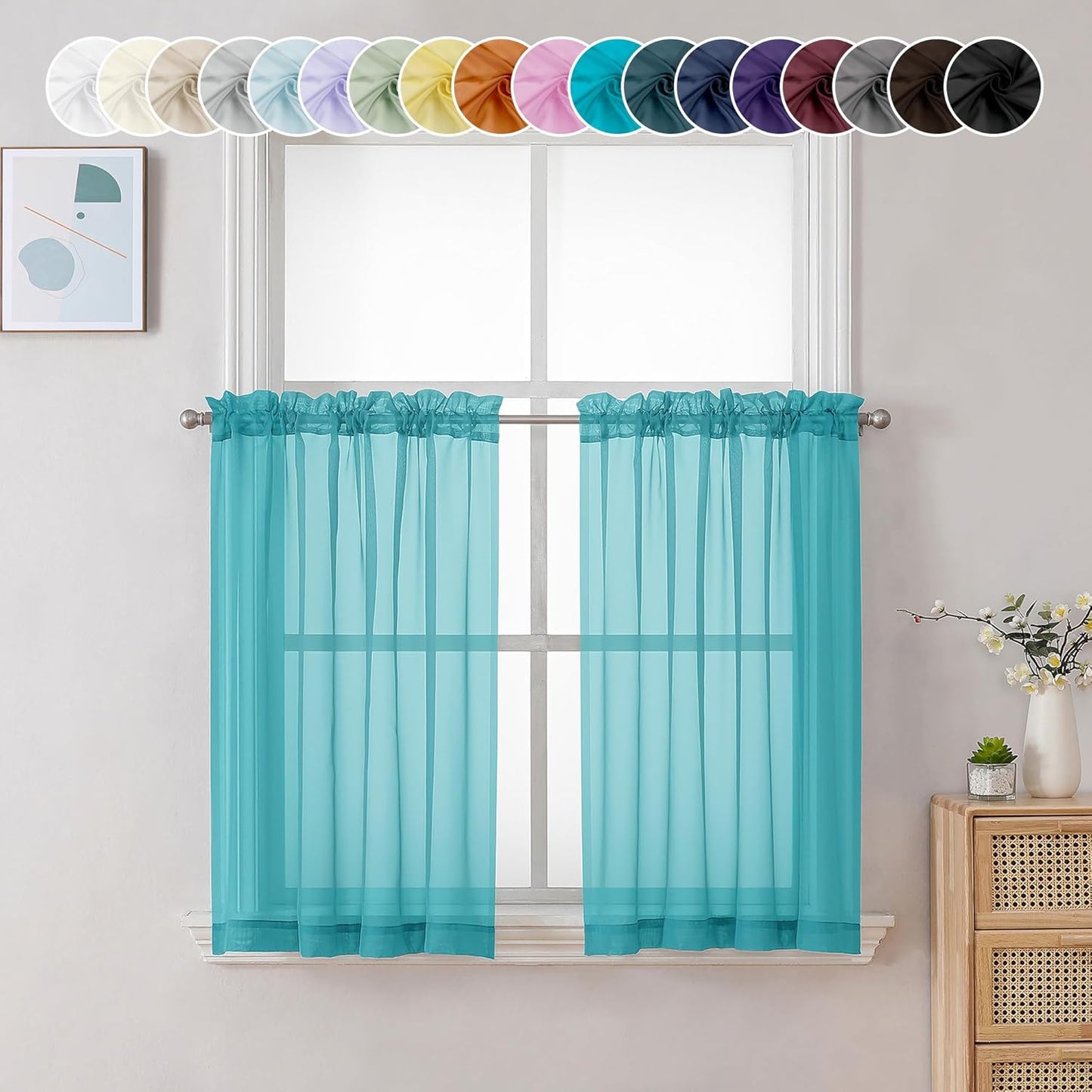 Chyhomenyc Turquoise Sheer Curtains 36 inch Length 2 Panels, Light Filtering Voile Rod Pocket Short Window Curtians for Bathroom Living Room Farmhouse Small Windows, 42Wx36L inches