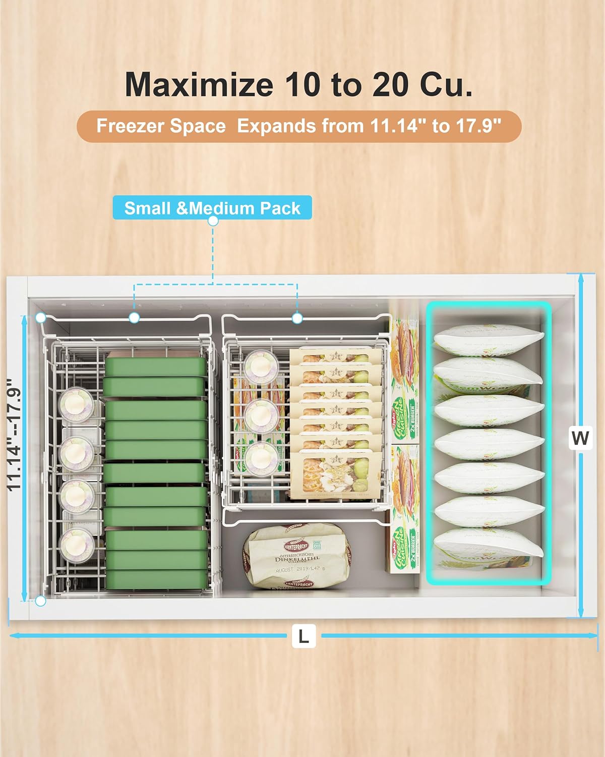 UMDONX 4 Pack Expandable Freezer Organizer Bins Large Freezer organizer Bins Stackable 11.4" Expand to 17.9", Fit 10 to 20 Cu.FT Black