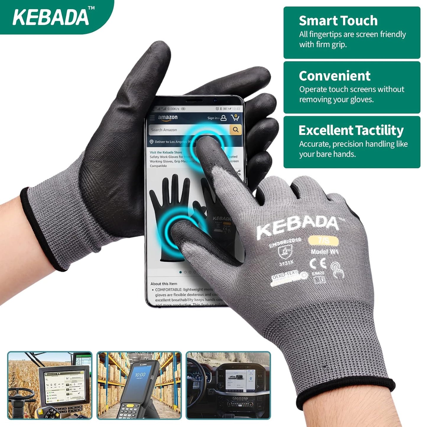 Kebada Safety Work Gloves,120 Pairs Bulk Pack, Touchscreen, PU Coated, Ideal for Warehouse, Construction, Gardening and Mechanics, Grey, Large