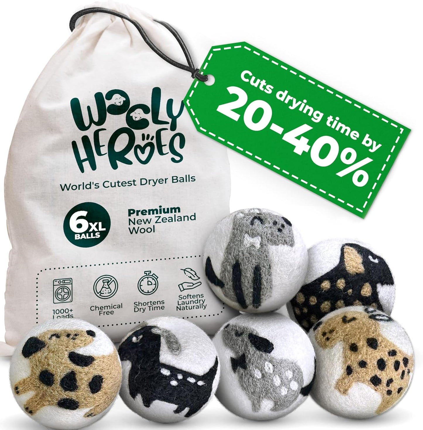 No More Dryer Sheets! Reusable Wool Dryer Balls XL 6-Pack - Reduces Static, Cuts Dry Time, & Softens Naturally