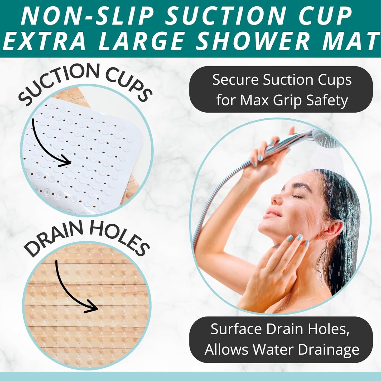 ENKOSI Extra Large Square Non Slip Shower Mat - 31 x 31-inch XL Bathroom Shower Mat - Square Shower Mats for Shower Stall Floors - Secure Suction Cups and Drain Holes (31x31 Wood Teak)