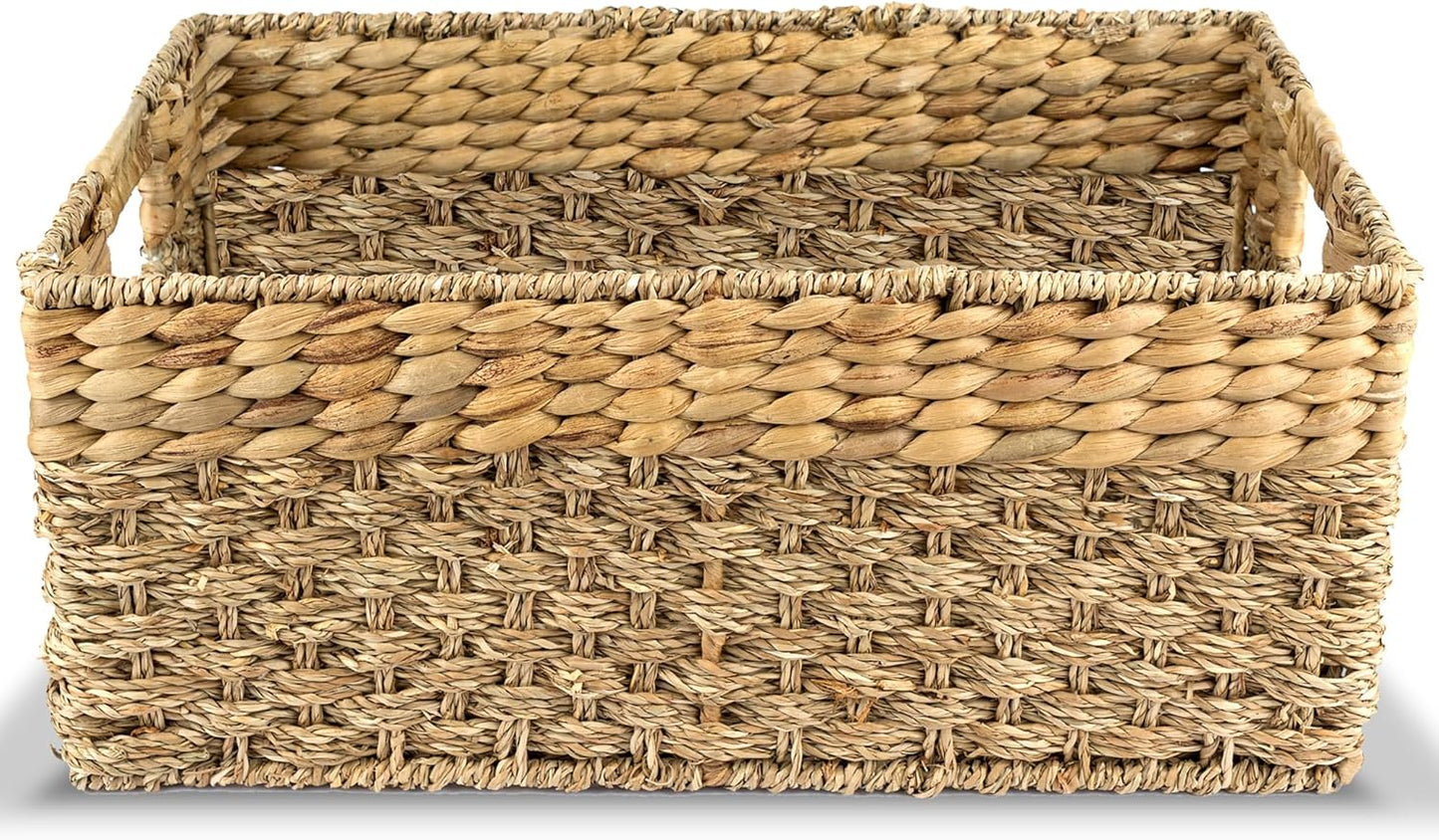 Large Wicker Storage Basket with handles, Natural, Woven, Seagrass and Hyacinth Organizing Baskets for Shelves, Pantry, Living Room - Large Size - 17x11x7.5 in