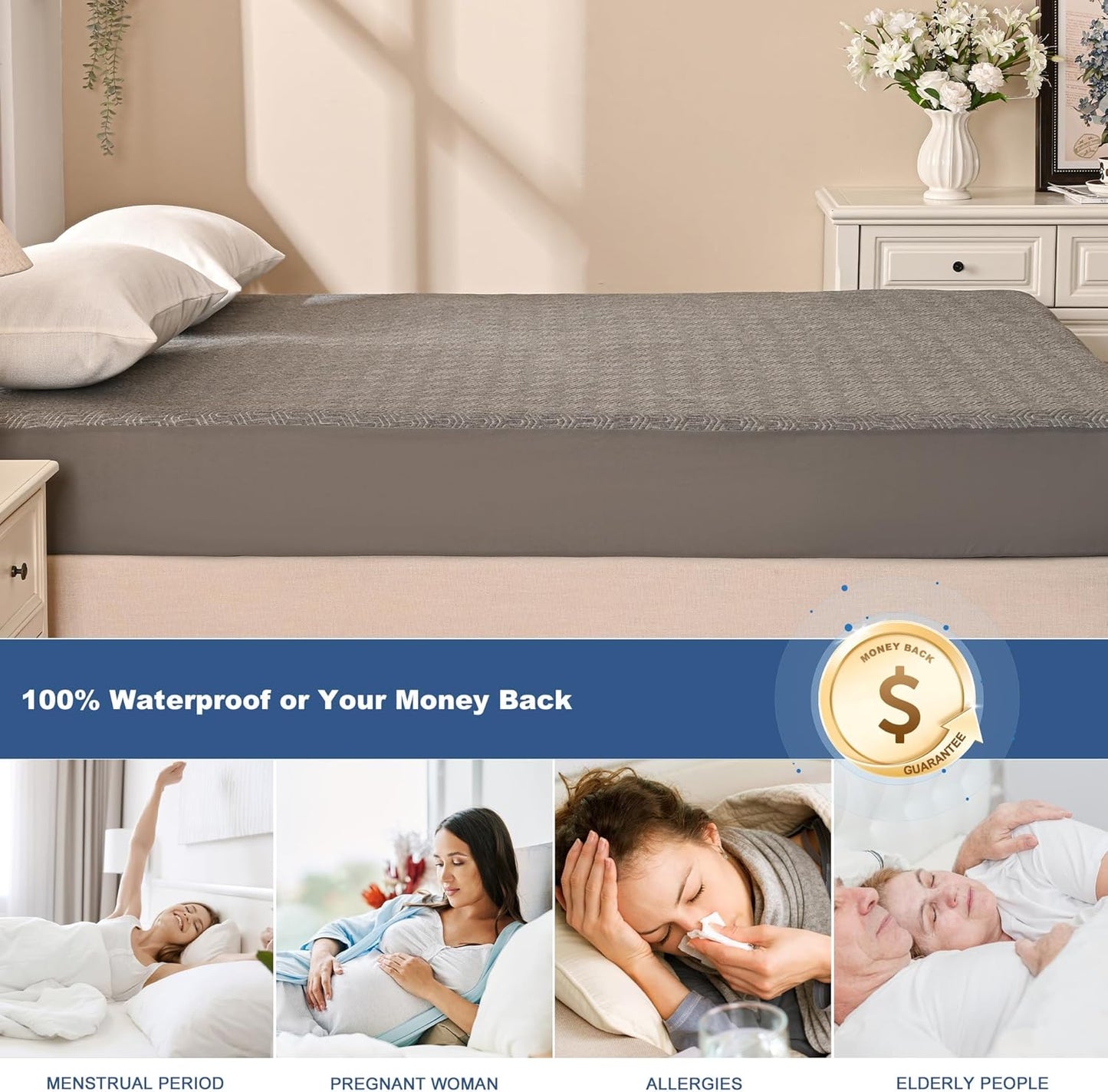 GRT Queen Mattress Protector Waterproof, Breathable Bamboo Charcoal Fiber Mattress Cover, Noiseless and Odor Free Upgraded Mattress Protector with Double-Barrier Protection, 8"-26" Deep Pocket