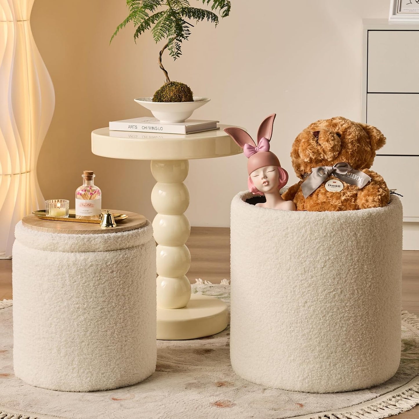 Round Ottoman with Storage Set of 2-Upholstered Sherpa Vanity Stool for Makeup Multifunctional Ottomans Coffee Table Padded Seat Foot Rest for Living Room&Bedroom(Sherpa White)