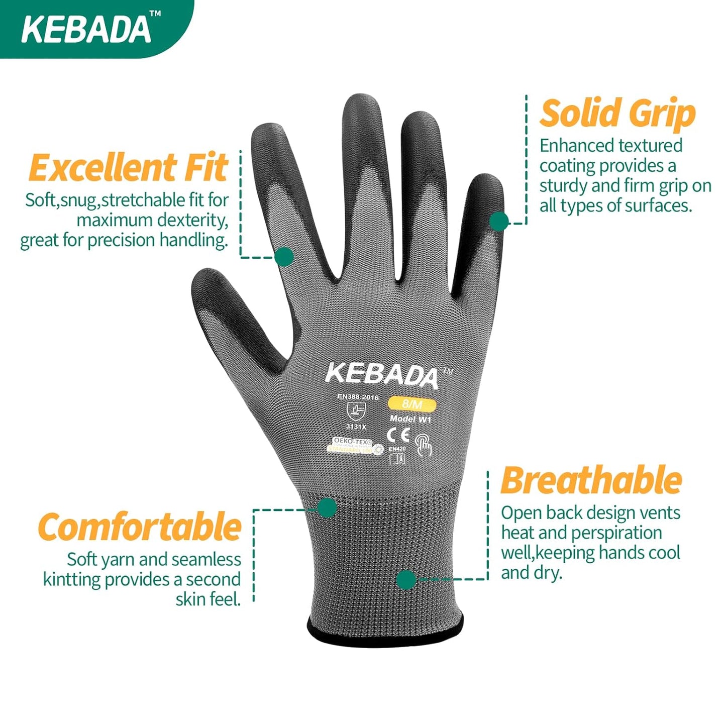 Kebada Safety Work Gloves,120 Pairs Bulk Pack, Touchscreen, PU Coated, Ideal for Warehouse, Construction, Gardening and Mechanics, Grey, Medium