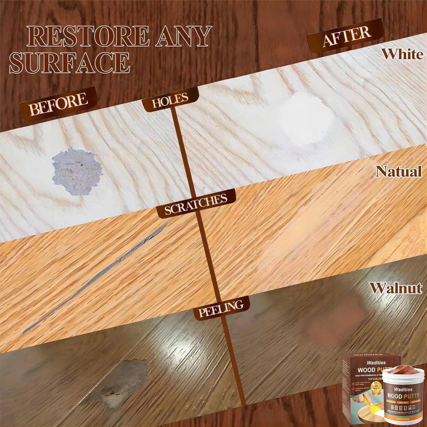 Walnut Wood Filler, Walnut Wood Putty, Paintable Stainable Wood Repair Putty, 9.87 Ounce Wood Furniture Repair kit, Quickly Repair Wood Cracks and Holes on Wooden Floor Furniture (Walnut)