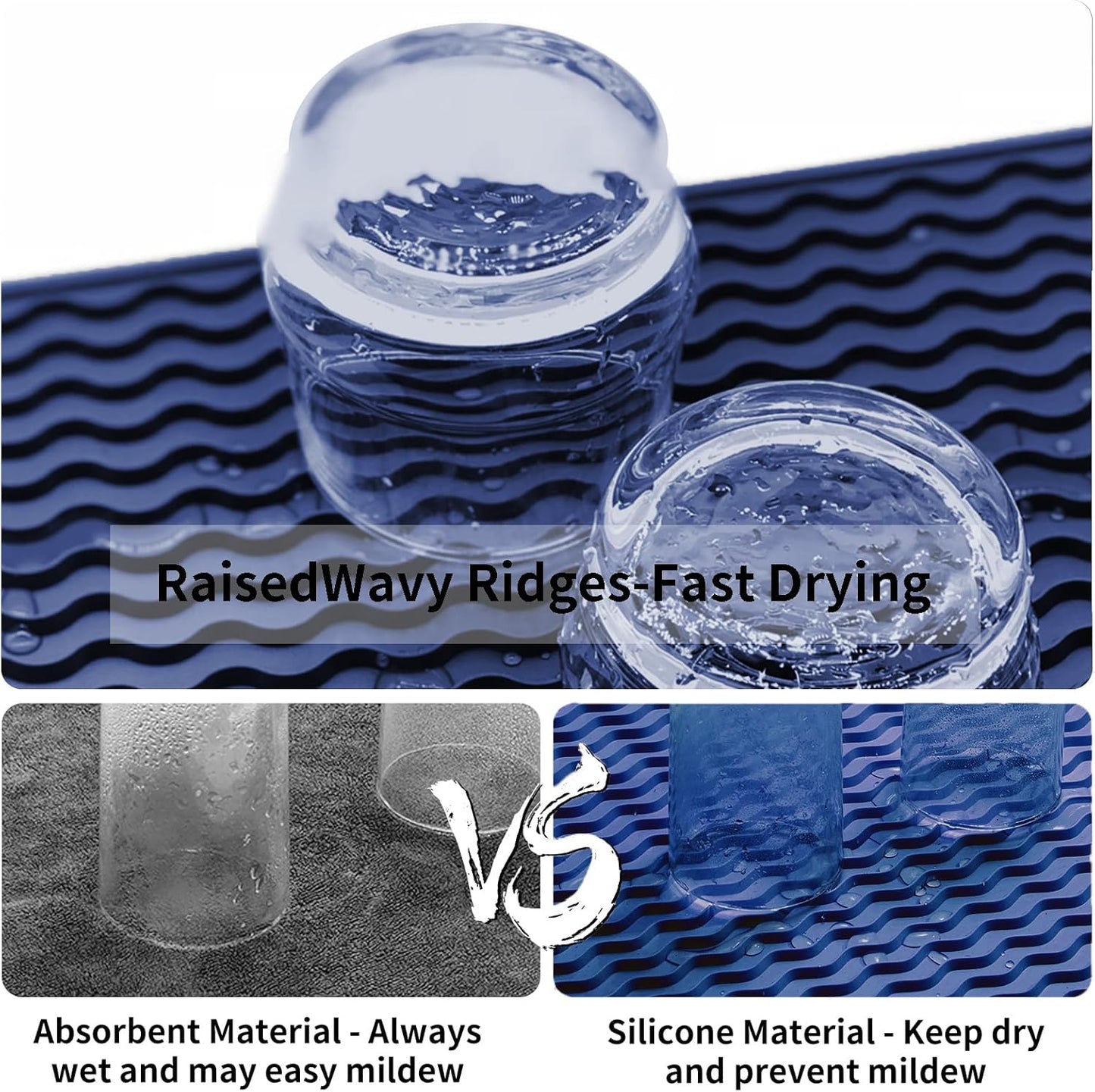 ZLR Silicone Dish Drying Mat for Kitchen Counter, Eco-Friendly Fast Dry Dish Mat, Easy Clean Multi Usage Drying Matt, Heat Resistant Trivet, 12" x 12" Middle, Midnight Blue