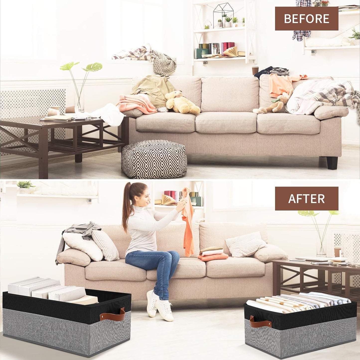 3 Pack Large Capacity Storage Bins Closet Organizer for Shelves, Fabric Closet Storage Baskets Boxes with Leather Handles for Organizing Clothes, Sheets, Jeans, Toys, Books (Black and Grey)