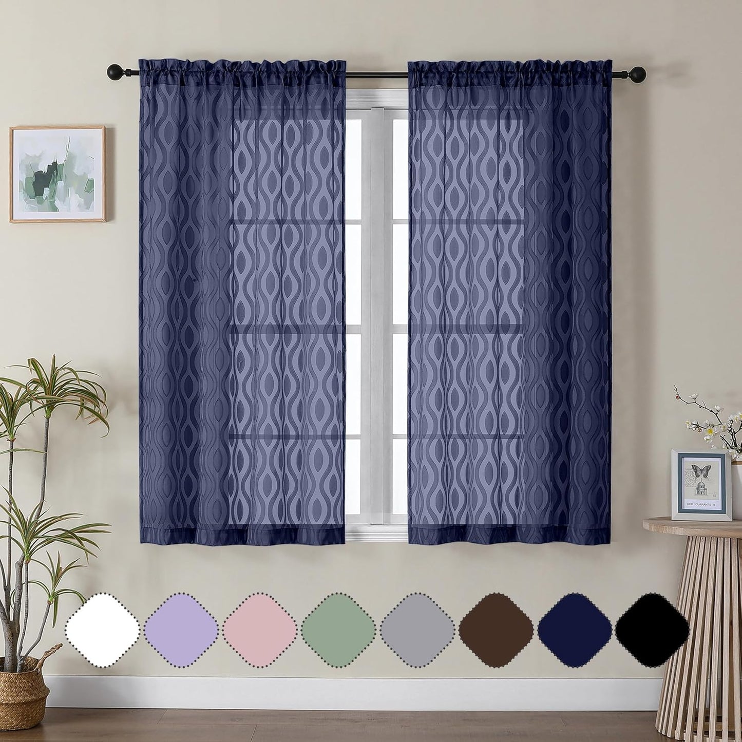 Aiyufeng Blue Sheer Curtains 54 Inch Length 2 Panels, Soft Lightweight Clip Jacquard Textured Sheer Curtain Panels, Modern Wavy Line Voile Sheer Curtains for Bedroom Living Room, 40" Wx54 L Inches