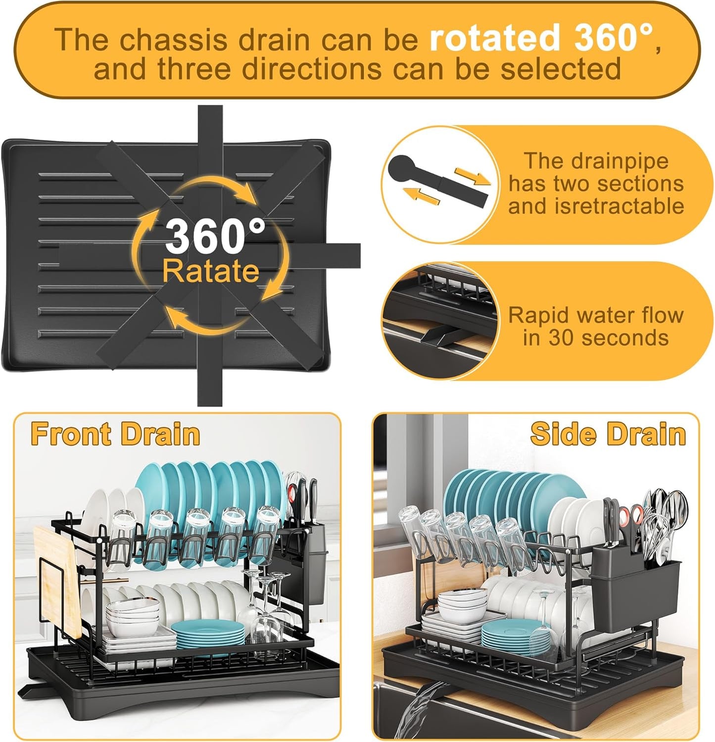 Dish Drying Rack Carbon Steel Dish Rack for Kitchen Counter, 2-Tier Kitchen Organizers and Storage Rack with Drainboard and Cutlery Holder, Large