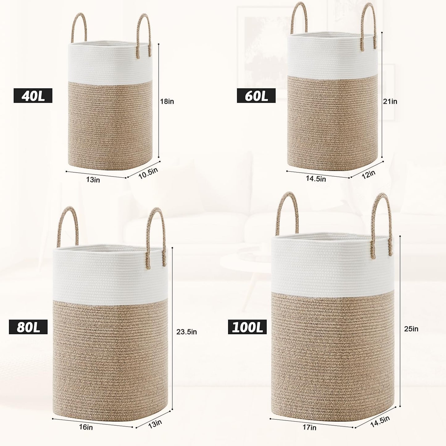 Laundry Basket,Woven Cotton Rope Laundry Hamper,Versatile Storage for Dirty Clothes,Baby Toys,and Blankets in Bathroom, Nursery,and Living Room (Brown, 40L)