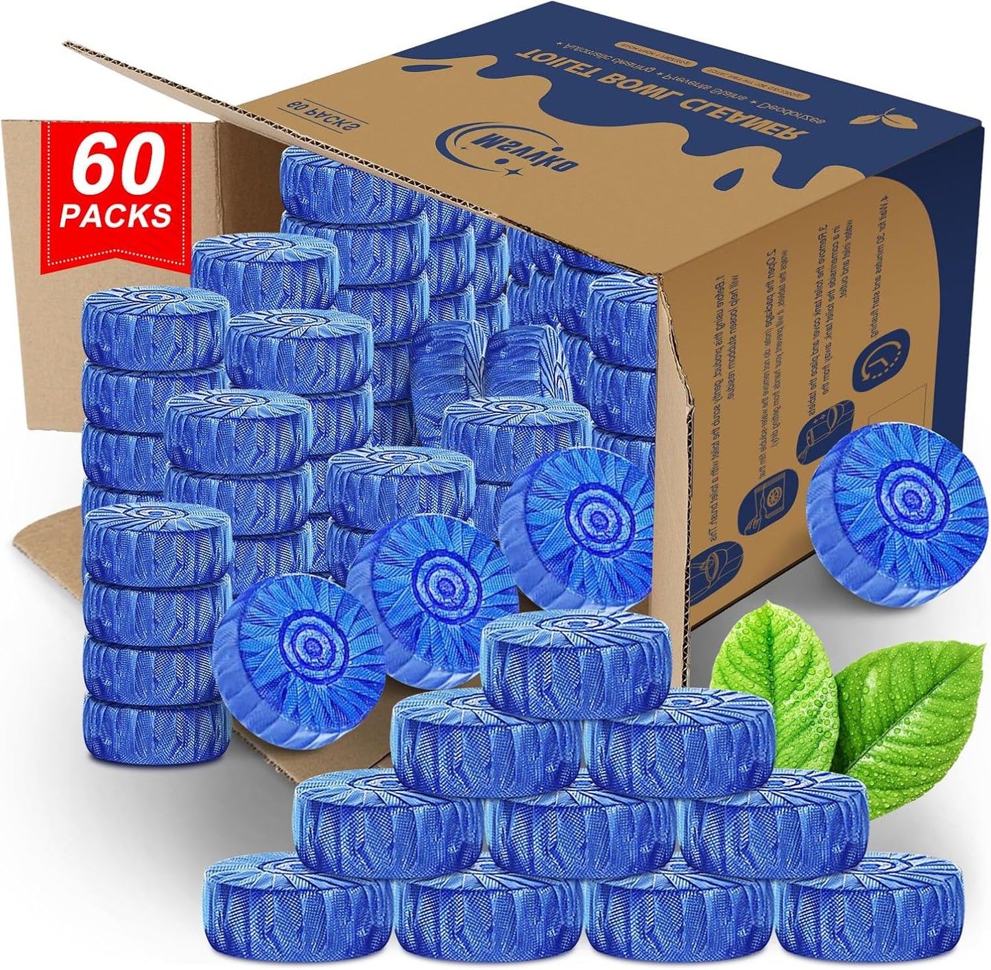 Automatic Toilet Bowl Cleaner Tablets Blue Gel Toilet Tank Cleaners, Septic-Safe Hard Water Ring Stain Remover, Prevent Stain Build Up Bathroom Cleaning & Deodorizer - 60 Tabs