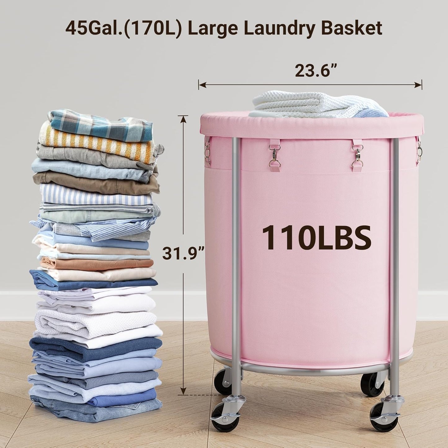 ELYKEN Laundry Basket with Wheels, 170L Rolling Laundry Hamper with Removable Bag and Steel Frame, Round Laundry Cart with 4 Casters and 2 Brakes, Ideal for Bedroom, Bathroom, Laundry Room, Pink
