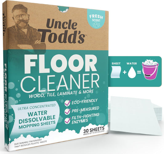 Uncle Todd's Ultra Concentrated Floor Cleaner For Mopping: 30 Natural, 100% Dissolvable Sheets for Mopping – Hardwood & Wood Floor Cleaner with Filth-Fighting Enzymes, Plastic-Free Packaging