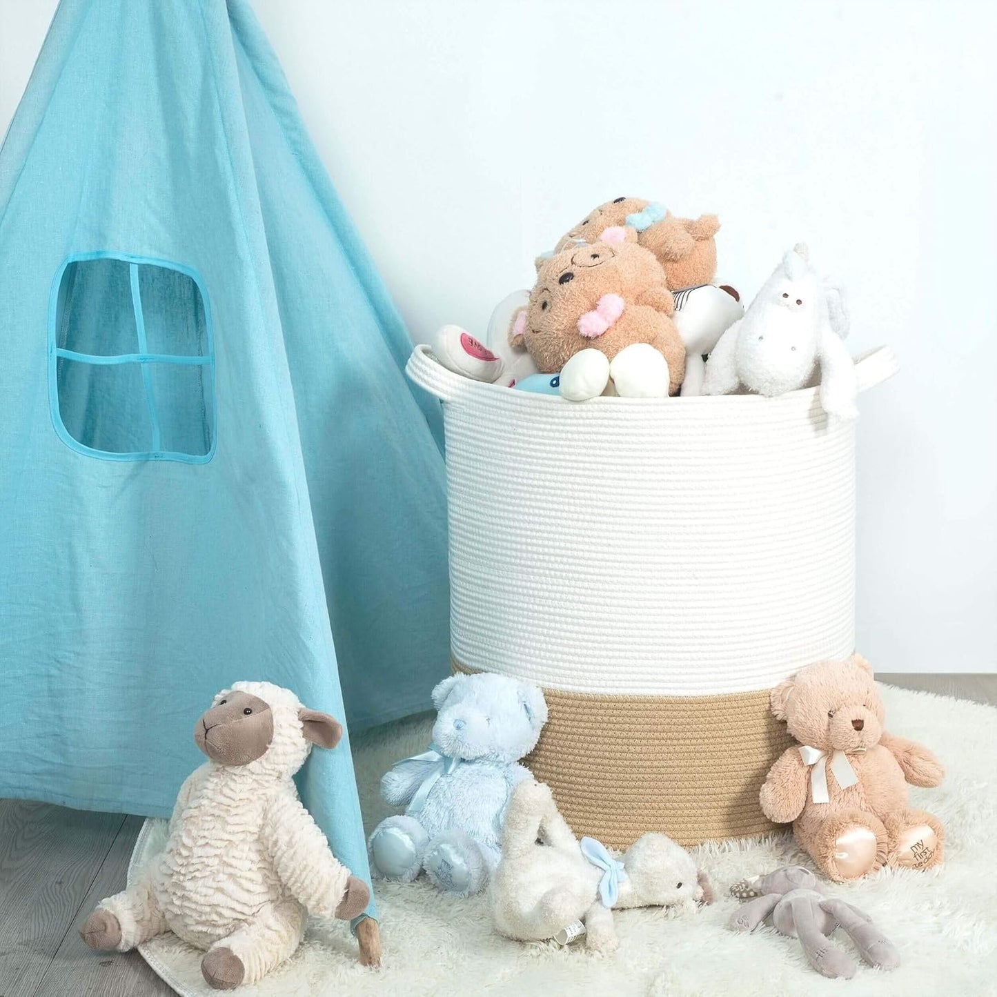 MINTWOOD Design 83L Extra Large 20x18in Decorative Woven Cotton Rope Blanket Basket with Handles, Tall Laundry Hamper for Living Room, Round Storage for Pillows, Towels, Shoes, Beige