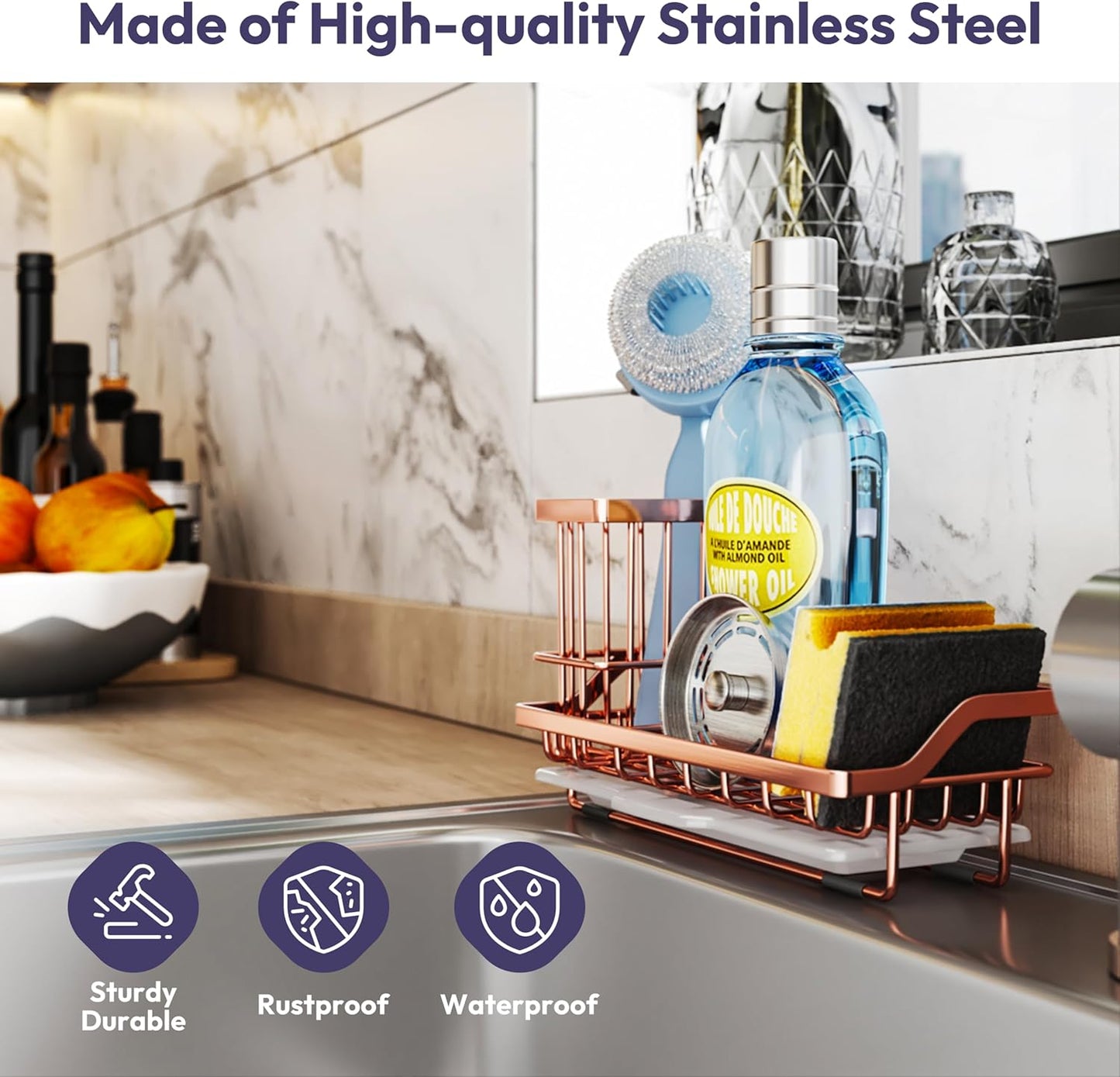 SWTYMIKI Sink Caddy Kitchen Sink Organizer with Detachable Brush Holder, Stainless Steel Sponge Holder with Removable Drip Tray Sponge Caddy for Kitchen Countertop, Rose Gold