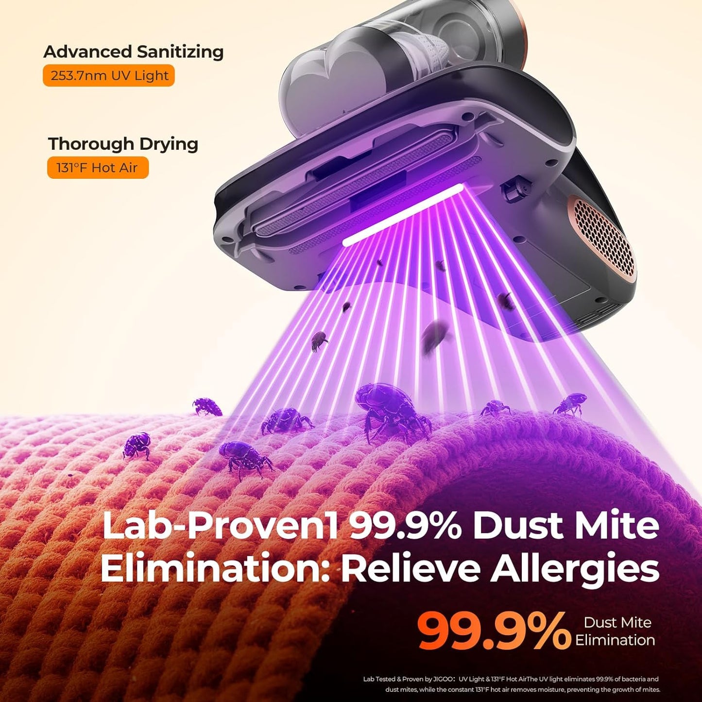 JIGOO Mattress Vacuum Cleaner with UV-C Light, Bed Vacuum Cleaner with Dust Sensor, Ultrasonic and High Heating, Deep Cleaning Bed Vacuum for Sofa Bed Fabric Surface (S100 Cordless)