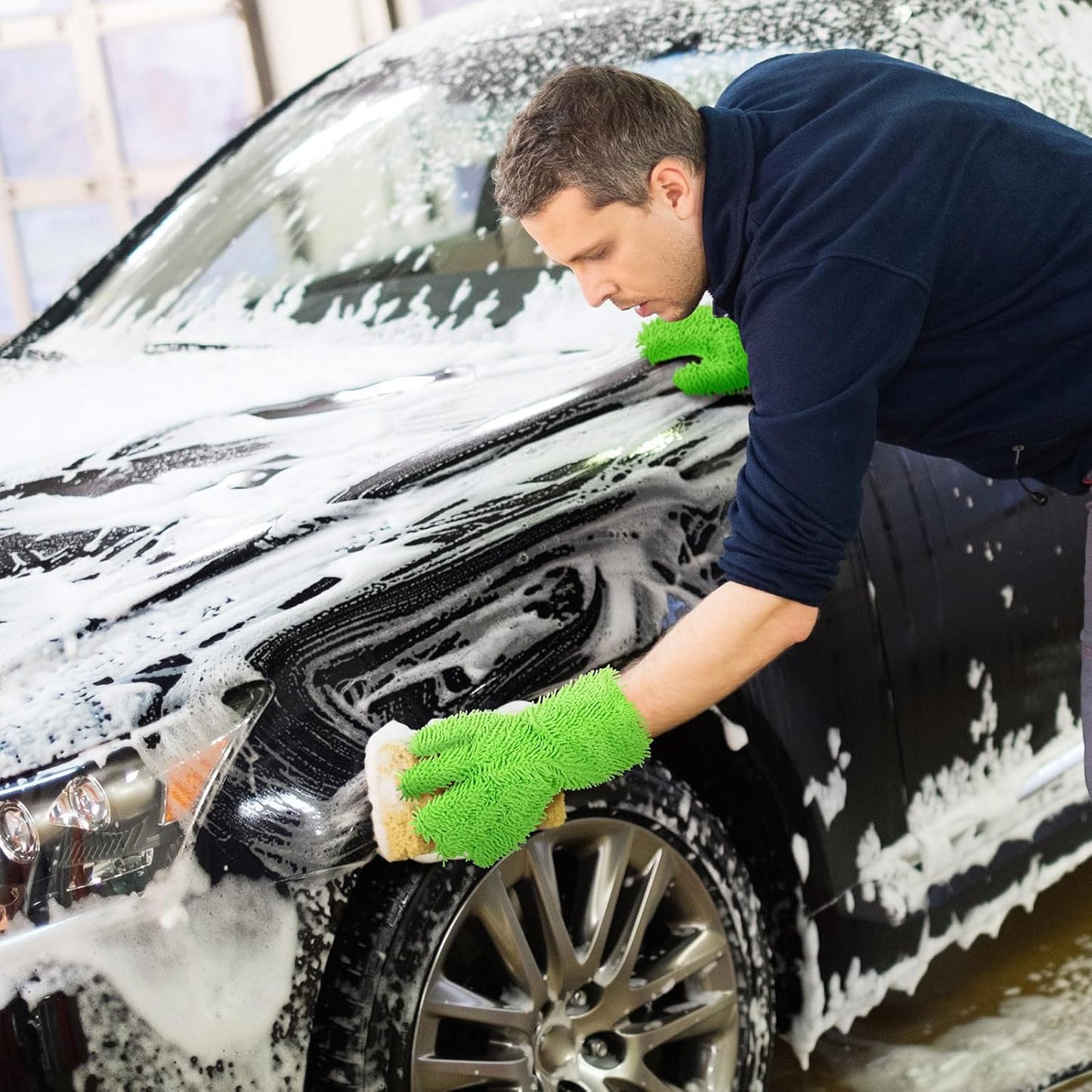 Ferraycle 2 Packs Car Wash Mitt 5 Finger Microfiber Wash Mitts Auto Car Dusting Gloves Double Sided Cleaning Gloves for Kitchen Home(Blue and Black)