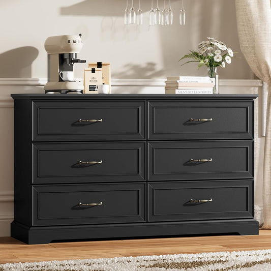 6 Drawer Dresser for Bedroom, 53" Wide Wooden Chest of Drawers, Rustic Farmhouse Dresser with Large Drawers & Metal Handles, Modern Storage Organizer for Closet, Living Room, Hallway, Black