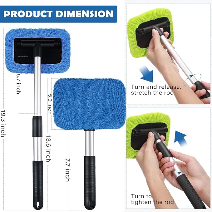 Frienda 3 Set Windshield Cleaner Tool Inside Car Window Cleaner Tool with 3 Extendable Handle 9 Reusable Microfiber Pads and 3 Spray Bottles for Auto Home Interior Exterior Glass Cleaning(Multicolor)