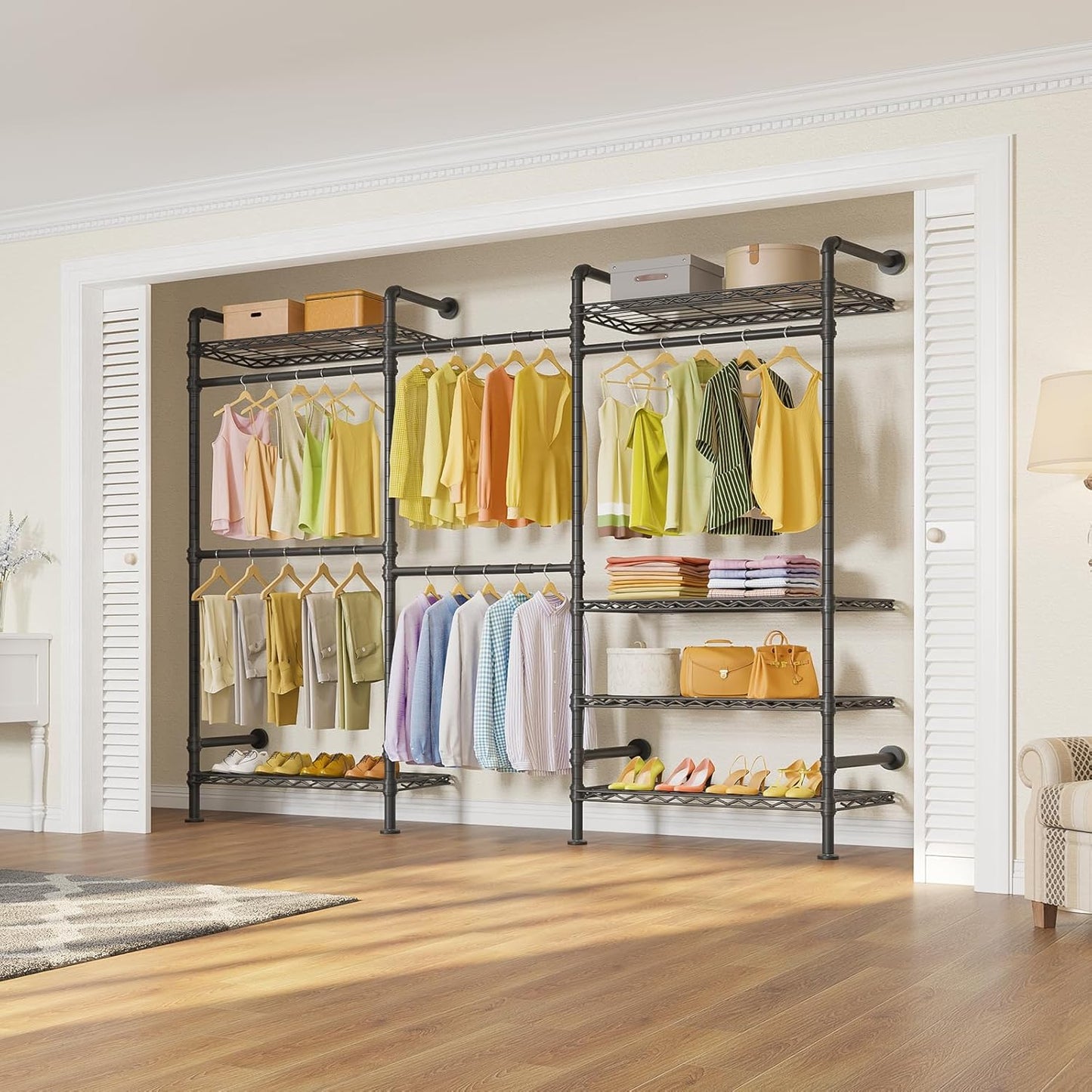 Timate F3 Garment Rack Heavy Duty Clothes Rack for Hanging Clothes, Expandable Industrial Pipe Wall Mounted Clothing Racks, Adjustable Storage Wardrobe Closet Kit Walk in Closet Systems, Black