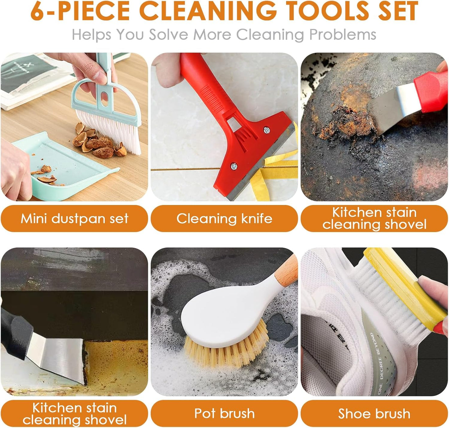 Broom and Dustpan Set with Long Handle and 6 Bonus Cleaning Tools, Upright Standing Combo with Self-Cleaning Teeth & Windproof Dustpan for Pet Hair, Home, Kitchen, Garage, Apartment