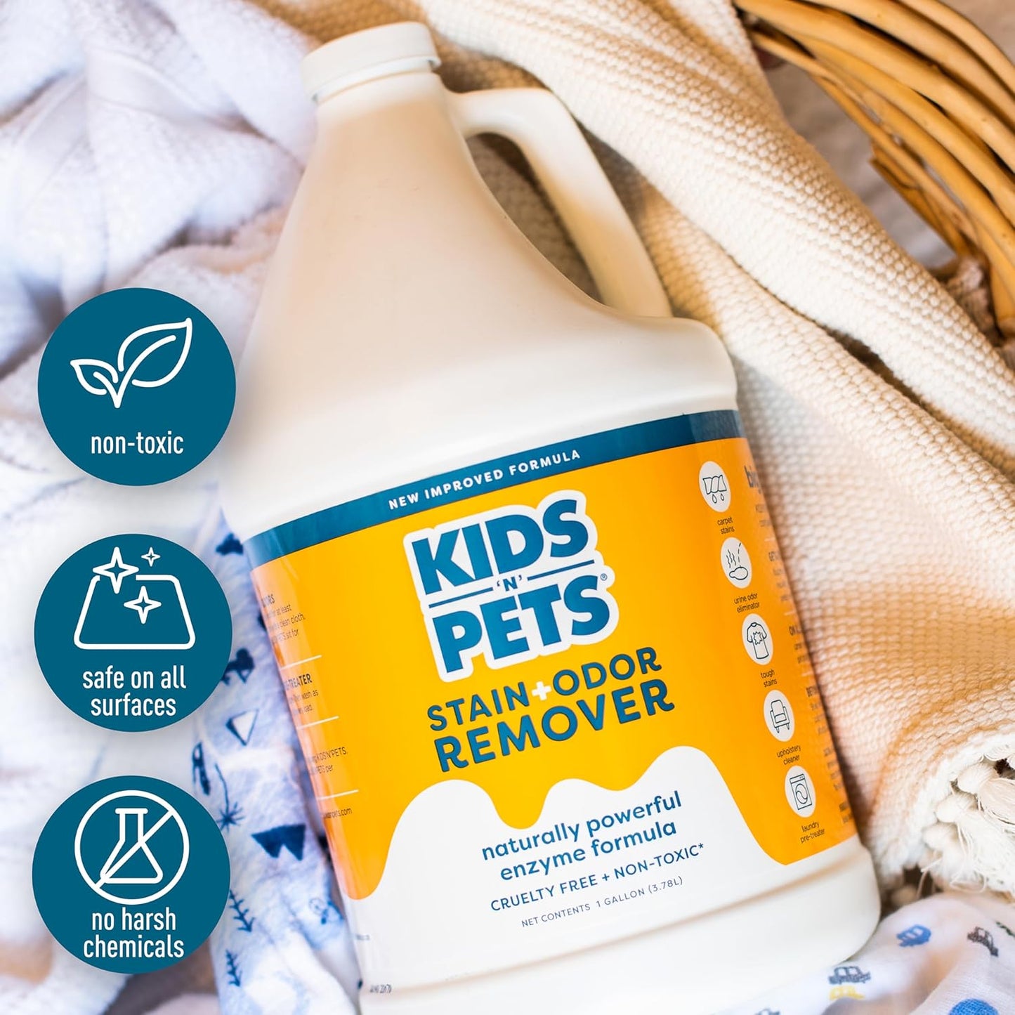 KIDS 'N' PETS Instant All-Purpose Stain & Odor Remover - Cleans Dog Pee, Cat Urine, Other Smells, Spots from Carpet, Couch, Mattress - Non-Toxic Chemicals & Child Safe Enzyme Cleaner - 1-Gallon