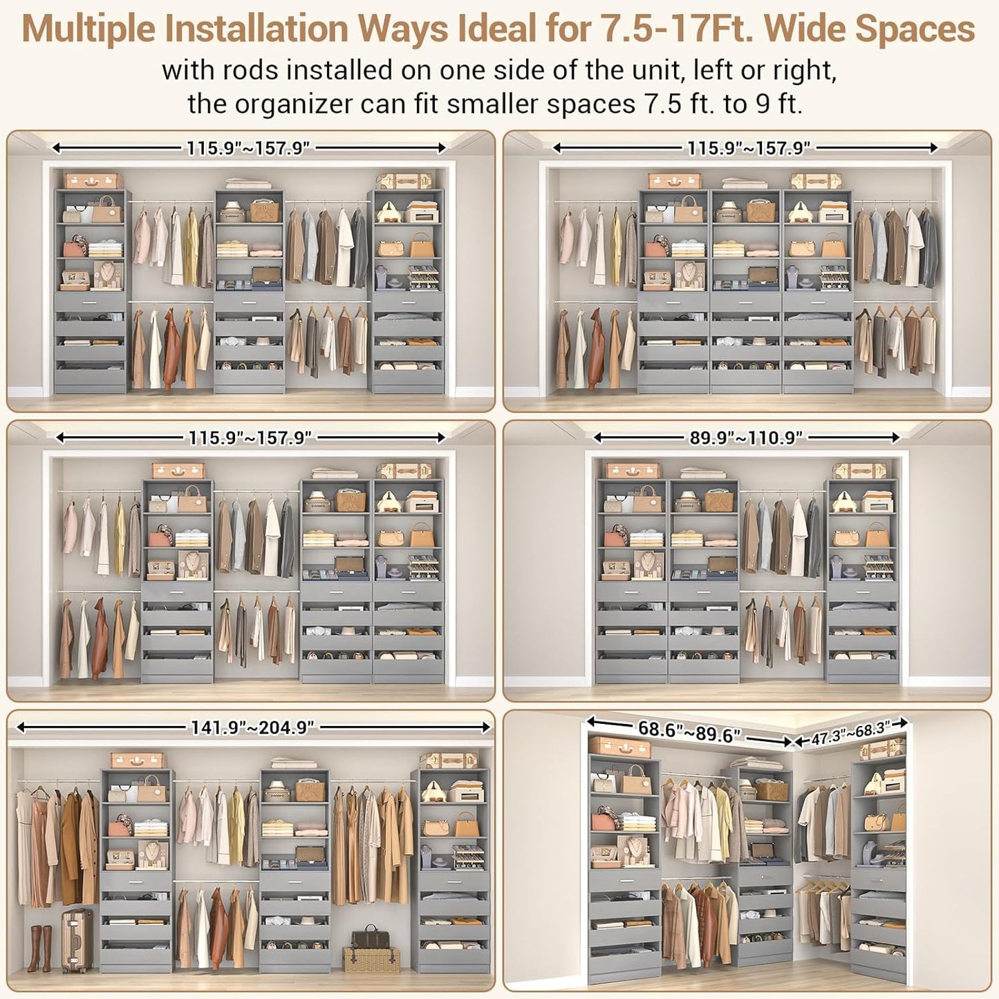 Aheaplus Closet System with 12 Drawers, 8.5-11.5Ft Wood Closet Organizer System with 4 Hanging Rods & 3 Towers, 4Ft & 6Ft L-Shaped Walk-in Closets Wardrobe Organizer Clothes Rack, Set of 3, Grey