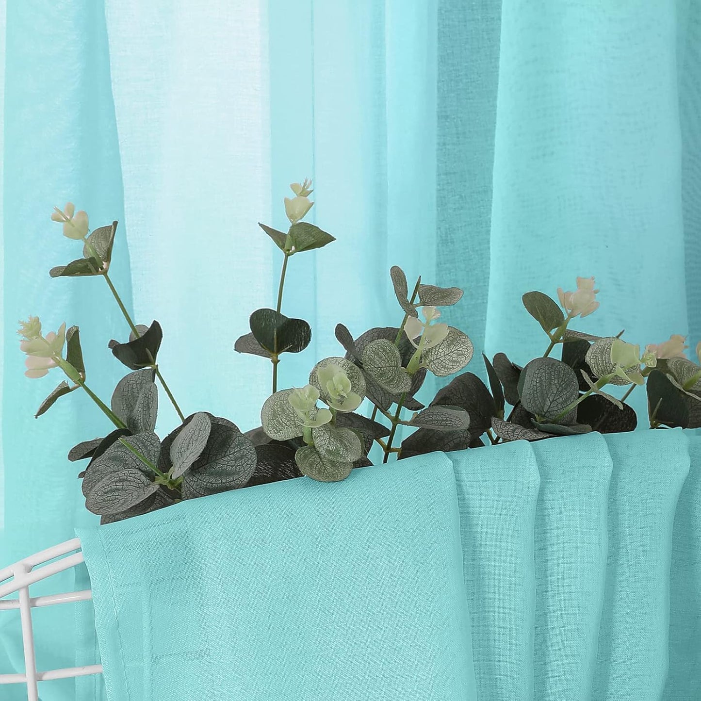 Tollpiz Sheer Curtains Linen Textured Living Room Curtain Sheers Light Filtering Rod Pocket Voile Curtains for Bedroom, 42 x 63 inches Long, Crystal Blue, Set of 2 Panels