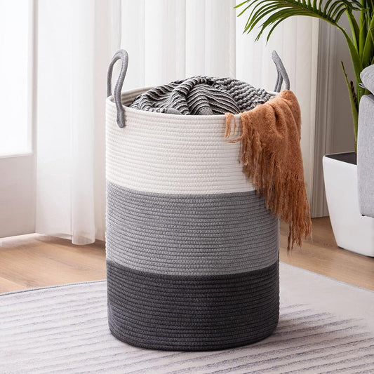 YOUDENOVA Woven Rope Laundry Hamper Basket, 58L Tall Luandry Basket, Baby Nursery Hamper for Blanket Storage, Clothes Hampers for Laundry in Bedroom-Large-Dark Grey