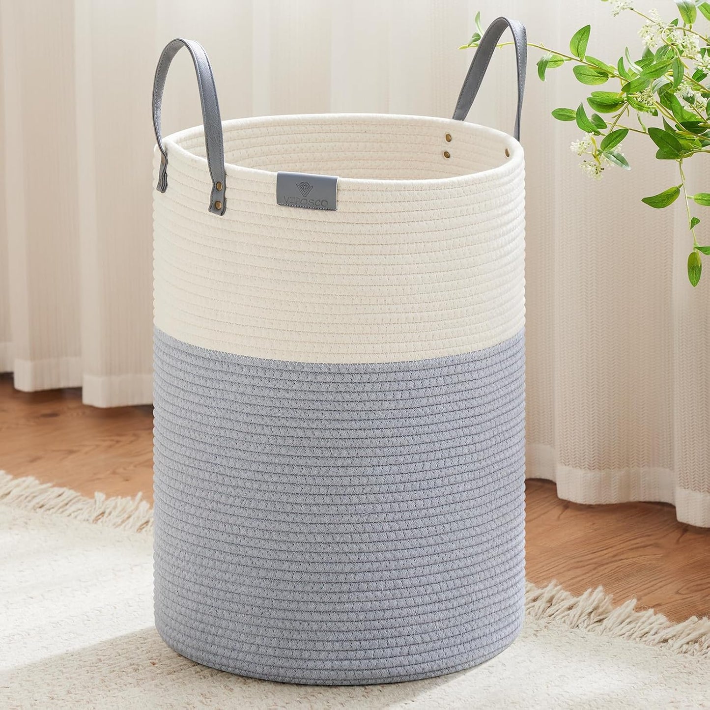 VIPOSCO Tall Laundry Basket, Large Dirty Clothes Hamper with Leather Handle, Woven Rope Storage Basket for Blanket, Toy In Living Room, Bathroom, Bedroom - 100L Grey & White