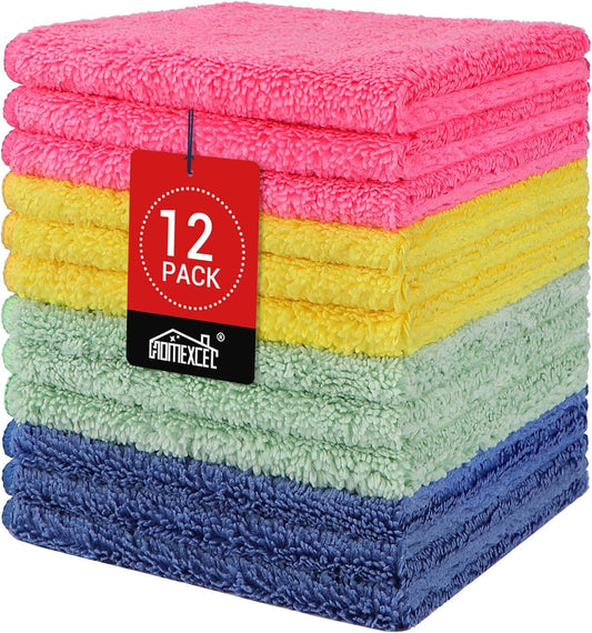 HOMEXCEL Microfiber Washcloths 12 Pack, Highly Absorbent and Soft Face Towel, Multi-Purpose Wash Cloths for Bathroom, Gym, Hotel, Spa and Kitchen, 12x12 Inch, Assorted Set