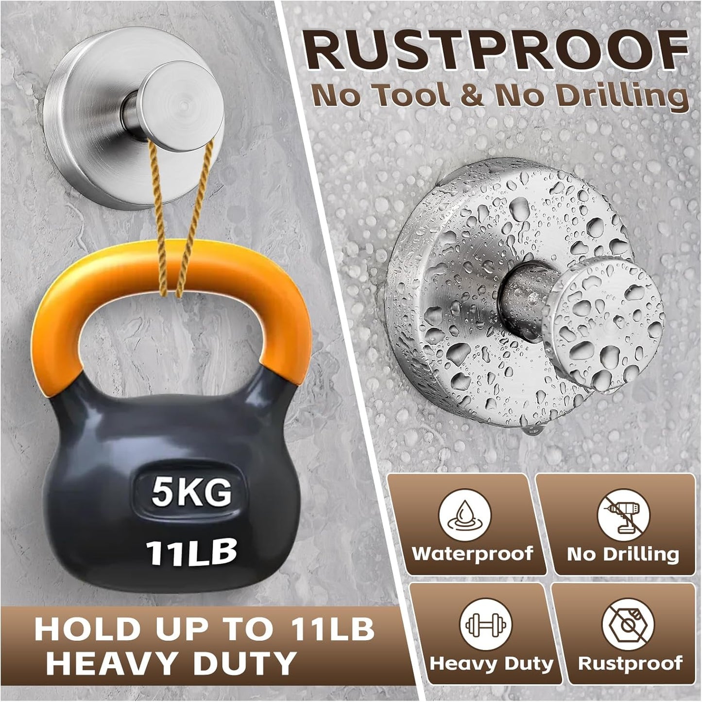 Reusable Heavy Duty Suction Cup Hooks for Kitchen/Bathroom/Shower - Wet-Proof Hooks for Towels, Robes, Loofah&Wreaths/No Drill Mounting on Glass, Tile, Metal (2, Brushed Nickel)