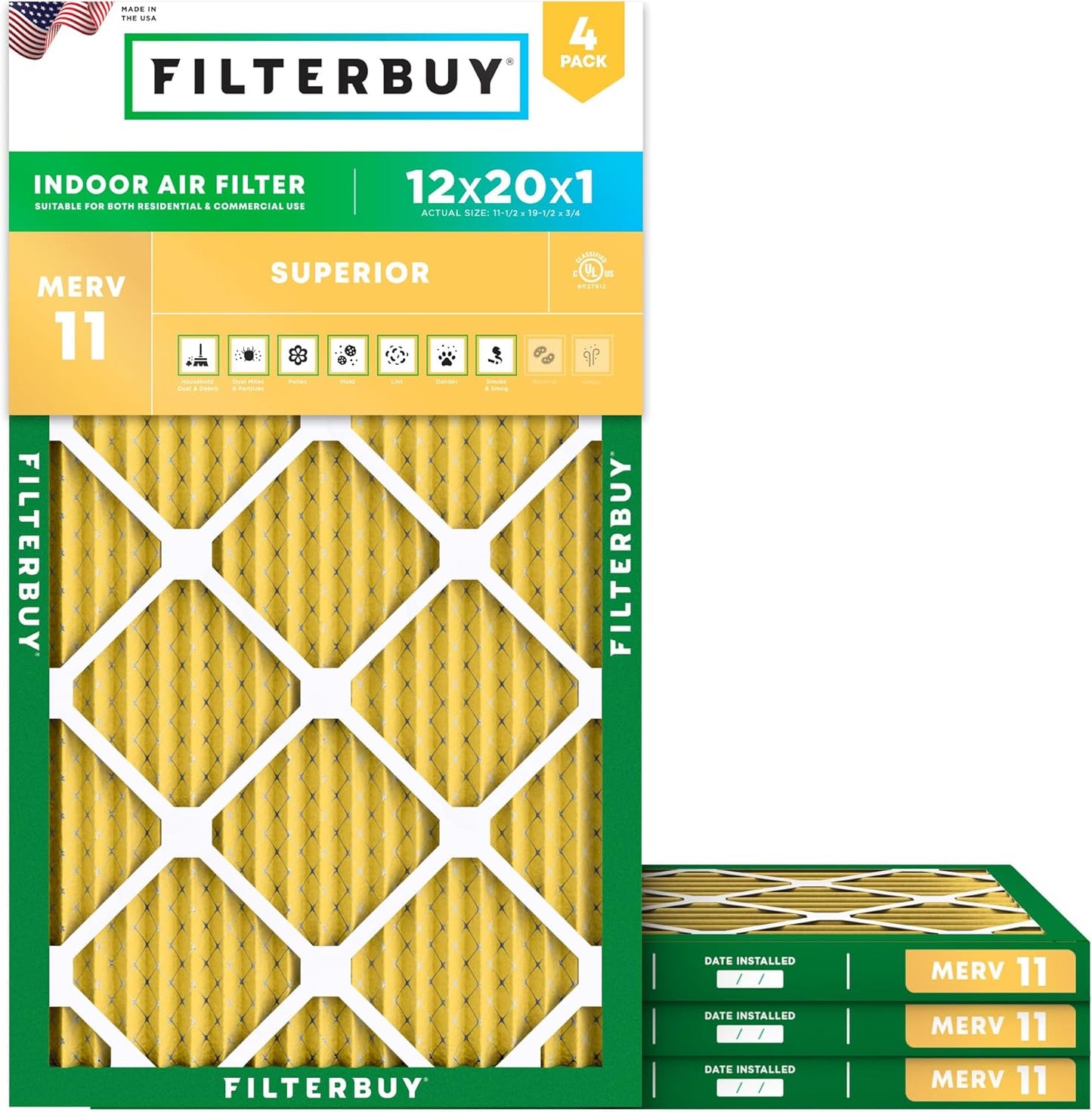 Filterbuy 12x20x1 Air Filter MERV 11 (MPR 1200) Allergen Defense Replacement (4-Pack), Electrostatic Pleated HVAC AC Furnace Filters, Made in USA (Actual Size: 11.50 x 19.50 x 0.75)