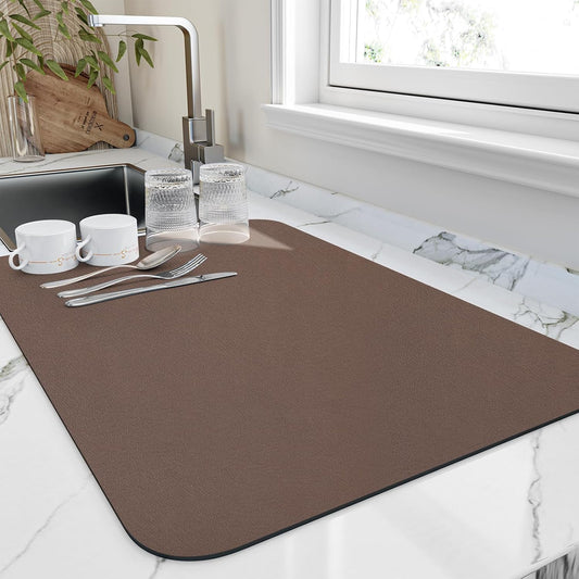 Dish Drying Mat for Kitchen Counter, Heat Resistant Drainer Mats with Non-slip Rubber Backed, Hide Stain Kitchen Super Absorbent Draining Mat, Easy to Clean Dish Rack Pad, Brown 18"x32"