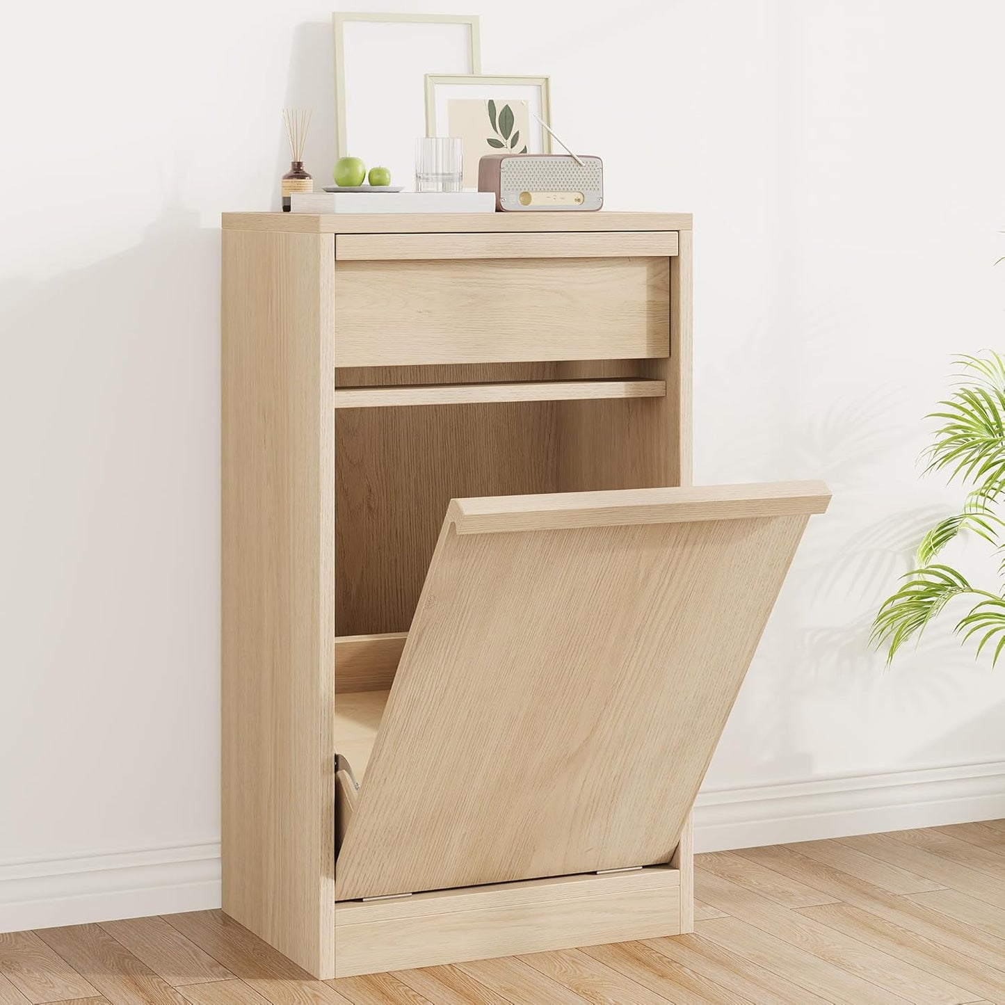 Tilt Out Trash Cabinet, Natural Wood Hidden Garbage Can Cabinet for 10 Gallon Bins, Modern Pet-Proof Trash Cabinets for Kitchen, Dining, Living Room Storage