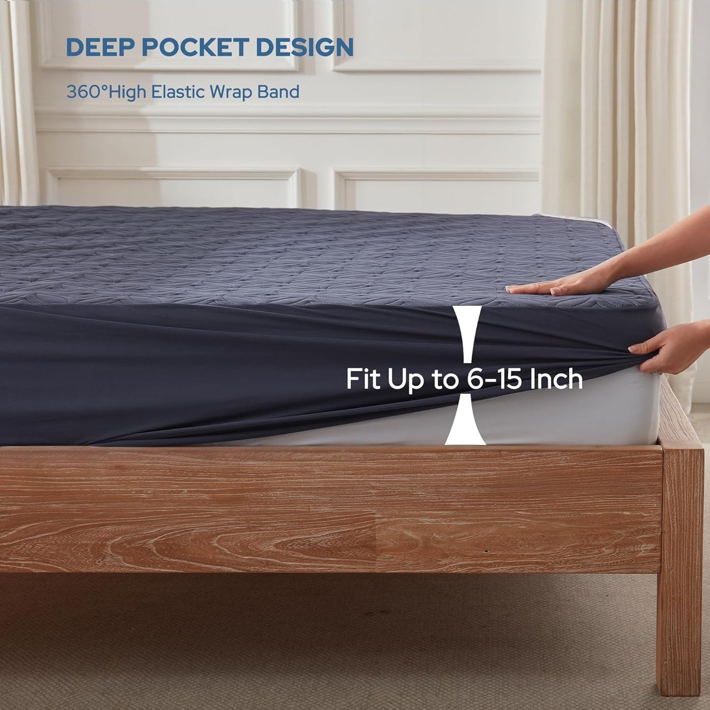 BEDLORE Waterproof Mattress Protector, Twin Size Mattress Pad with Deep Pocket 6"-15" Depth, Soft Dirt-Proof Double Bed Mattress Cover for Bedroom, College Dorm, Hotel (Navy Blue)