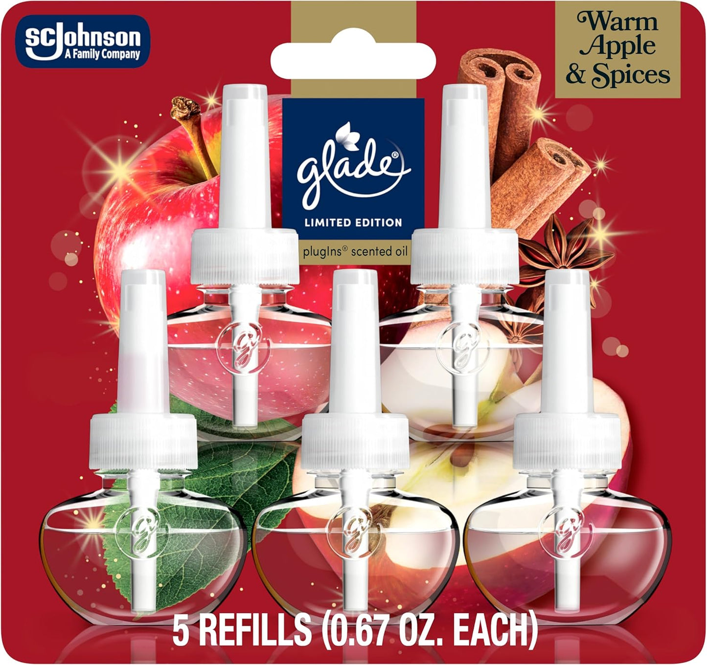 Glade PlugIns Refills Air Freshener, Warm Apple & Spices, Scented and Essential Oils for Home and Bathroom, 0.67 Fl Oz, 5 Count
