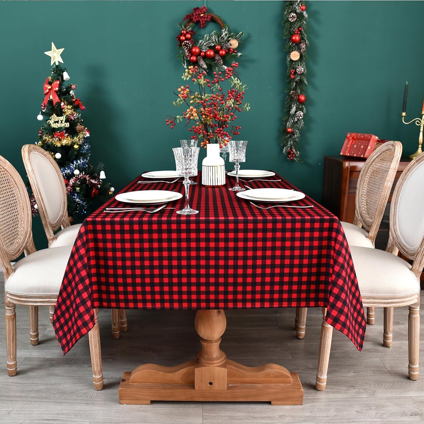 Red Waterproof Plaid Christmas Tablecloth Fabric - Square 58x58 Inch Classic Gingham Checker Holiday Table Cloth for Indoor Use - Xmas Table Cover for Picnics, BBQs, and Parties