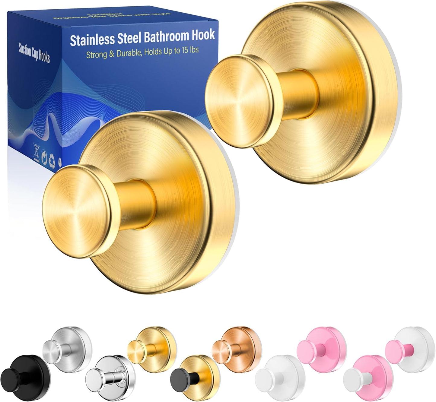 Suction Cup Hooks for Shower,Wreath Hanger for Front Door,Removable No Drill Waterproof Towel Loofah Hook,Upgraded 15 lbs Strong Suction Metal Hooks for Bathroom,Wall,Garland Glass Door-Gold 2 Pcs