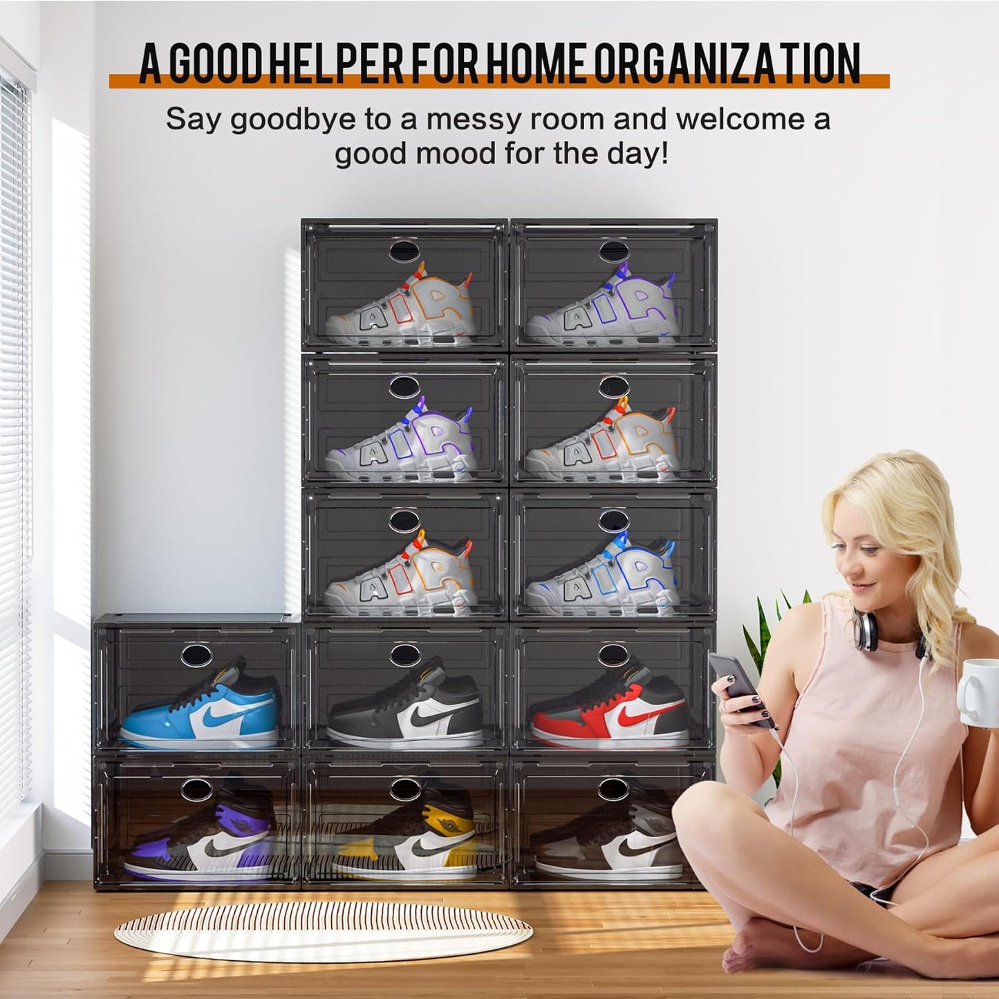 KEFA XL Shoe Storage Box Organizer, 8 Pack Shoe Boxes Clear Plastic Stackable, Sneaker Display Case Container Fit for US 13 (Side 8 PACK BLACK)