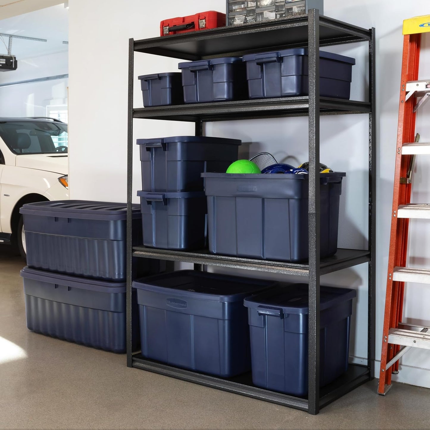 Rubbermaid Roughneck Tote 18 Gal, 6 Pack, Made in USA, Dark Indigo Metallic, Rugged Plastic Stackable Storage Bins with Lids and Handles