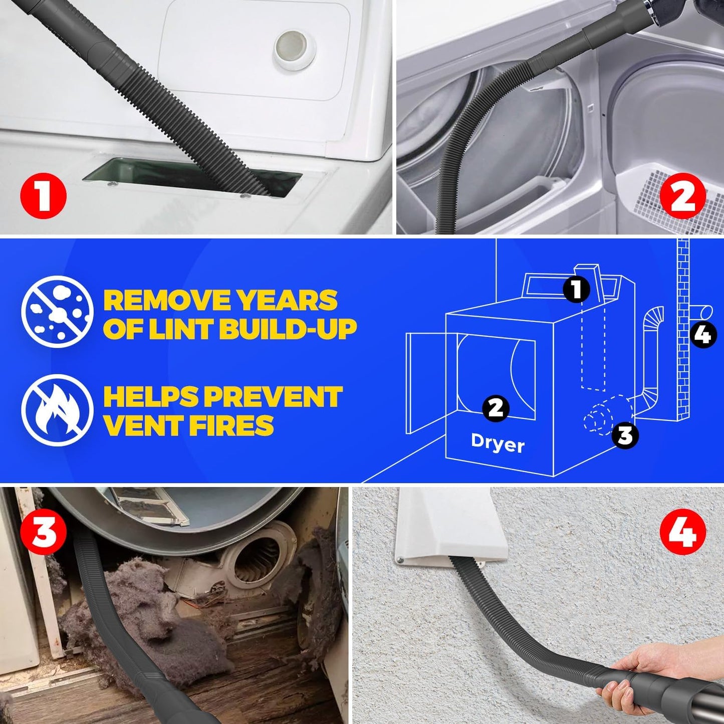 Holikme 2 Pieces Dryer Vent Cleaner Kit, Dryer Lint Vacuum Attachment and Flexible Dryer Lint Brush, Dryer Vent Vacuum Hose Attachment,Black