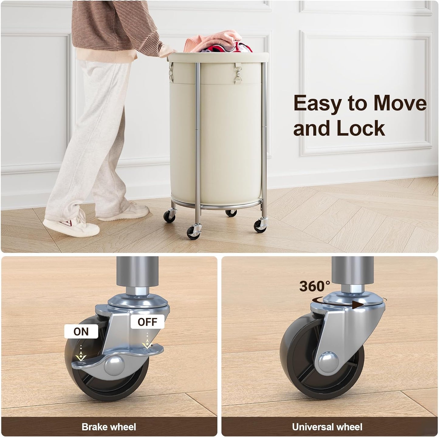 ELYKEN Laundry Hamper with Wheels, 110L Rolling Laundry Basket, Round Laundry Cart with Steel Frame and Removable Bag, 4 Casters and 2 Brakes, Dirty Clothes Hamper for Hotel, Home, Closet, Dorm, Cream